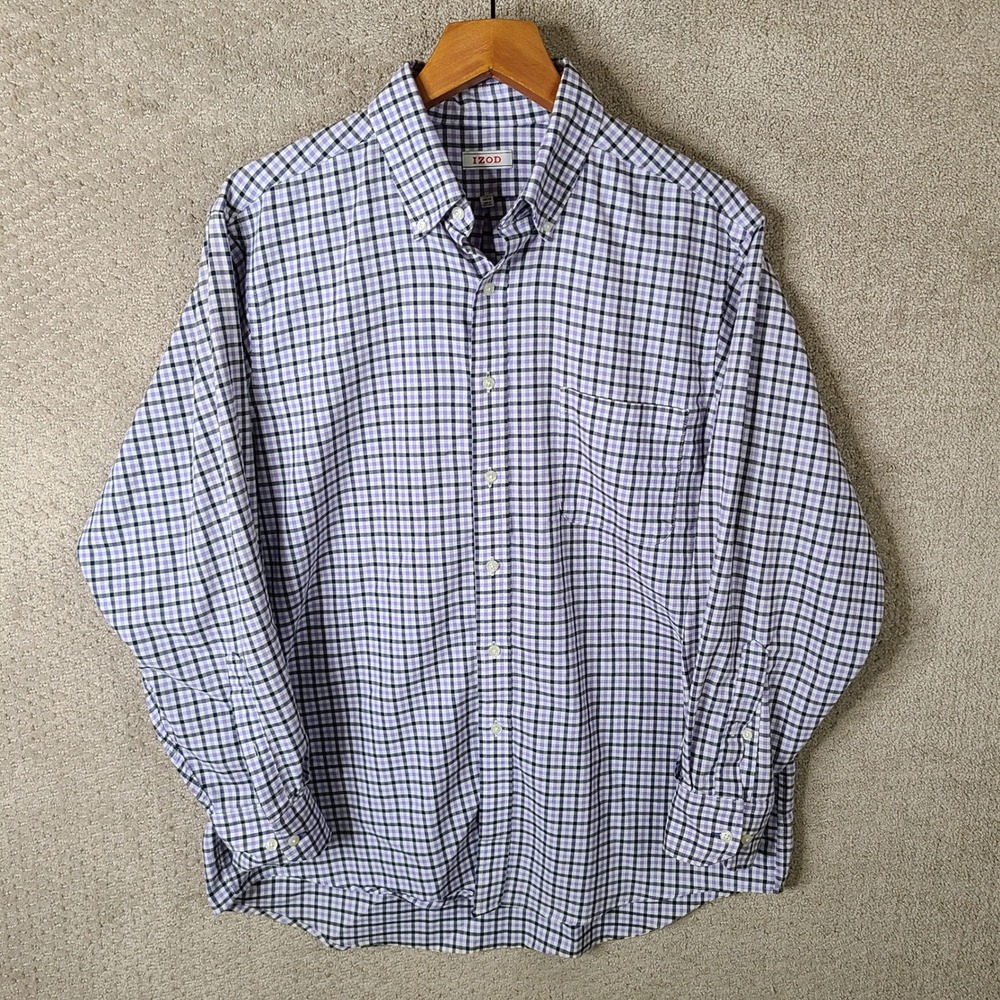 IZOD Shirt Mens 16-16.5 32/33 Purple Plaid Classic Fit Stretch Button Down